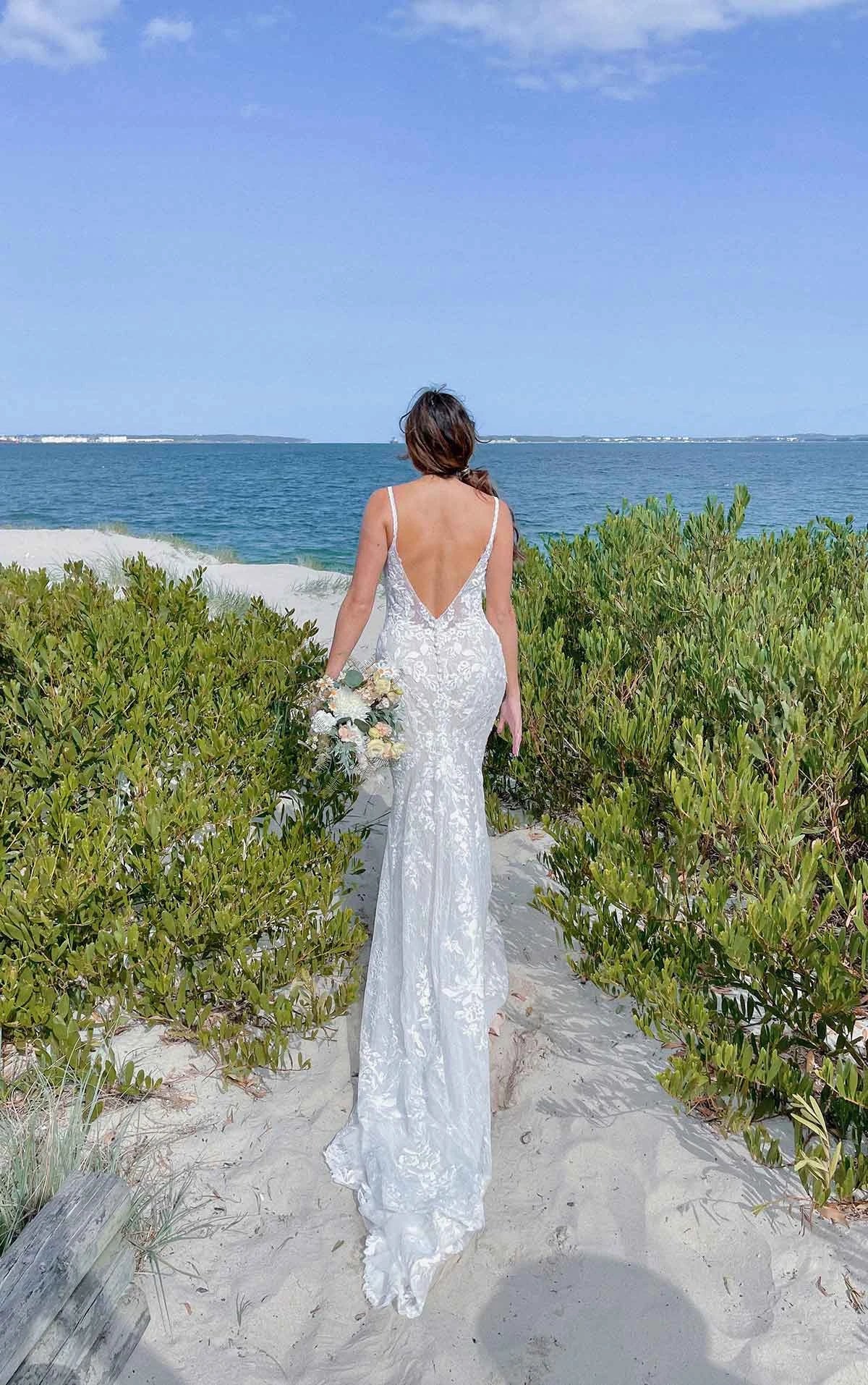 7370 - Backless Floral Lace Fit-and-Flare Wedding Dress