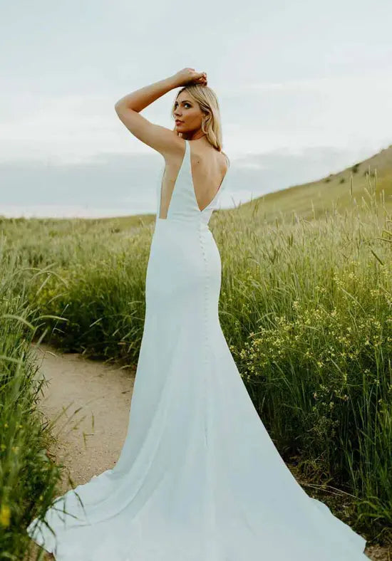 7669 - Modern Column Wedding Dress with Side Cutouts