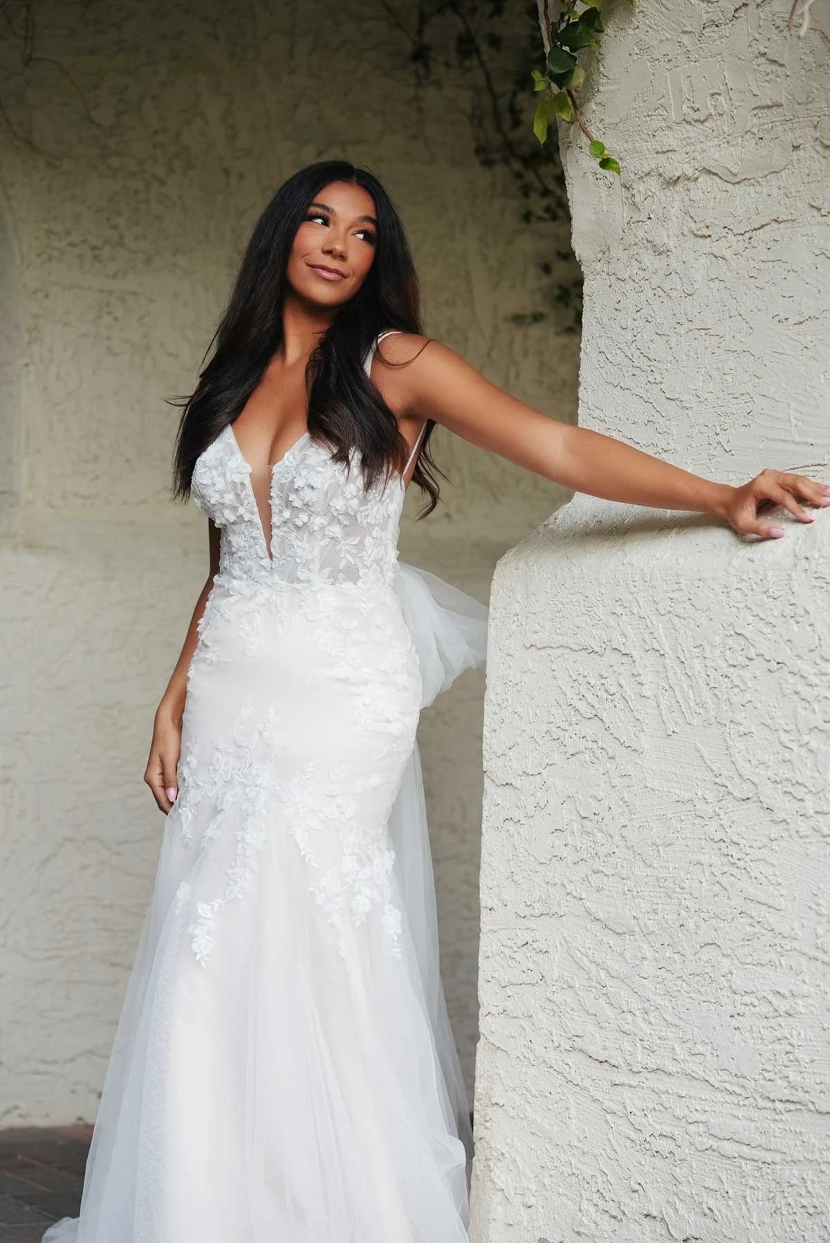 7696 - Flirty Lace Fit-and-Flare Wedding Dress with Deep Plunging Neckline
