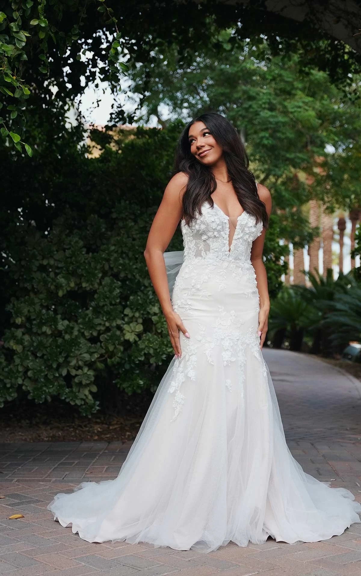 7696 - Flirty Lace Fit-and-Flare Wedding Dress with Deep Plunging Neckline