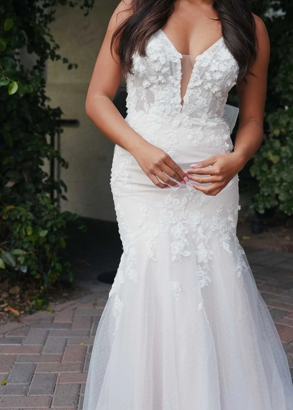 7696 - Flirty Lace Fit-and-Flare Wedding Dress with Deep Plunging Neckline