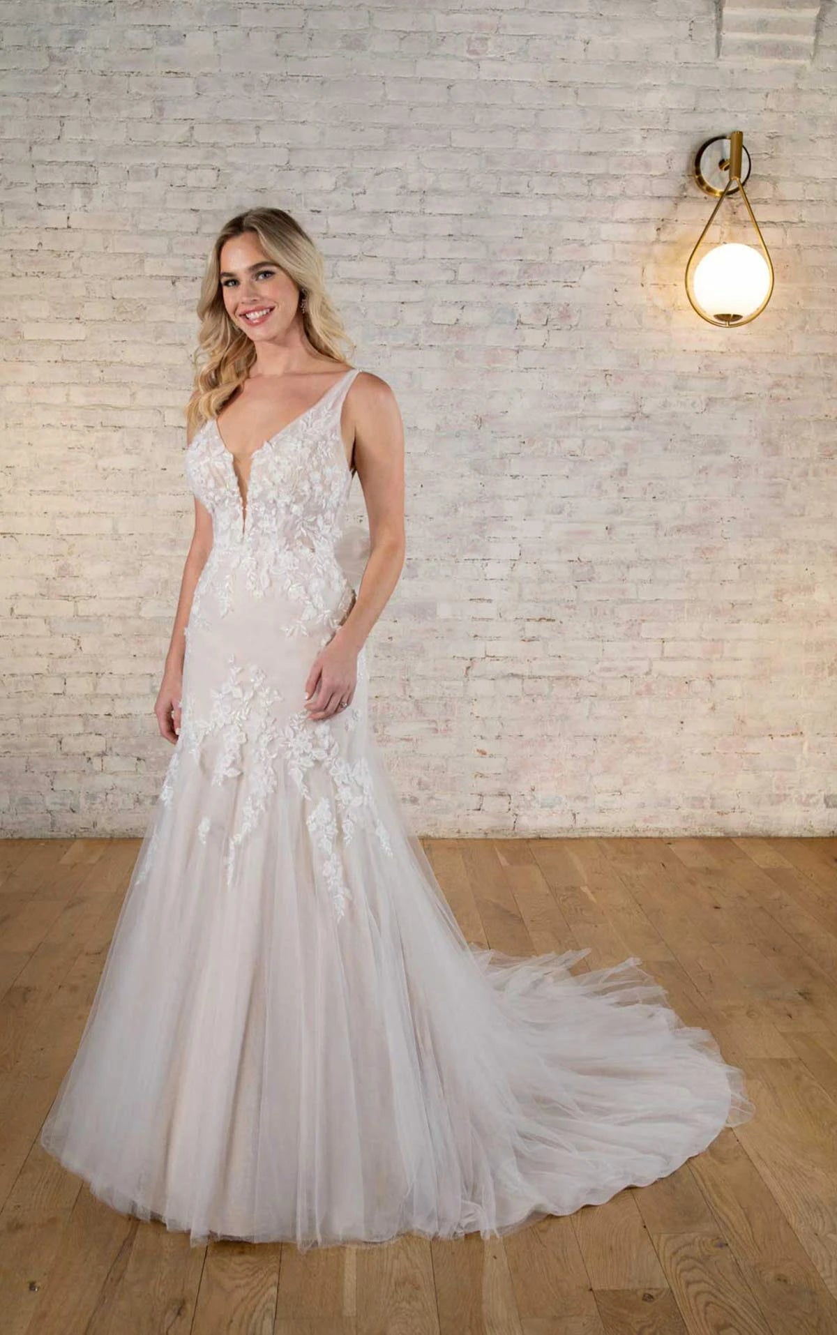 7696 - Flirty Lace Fit-and-Flare Wedding Dress with Deep Plunging Neckline
