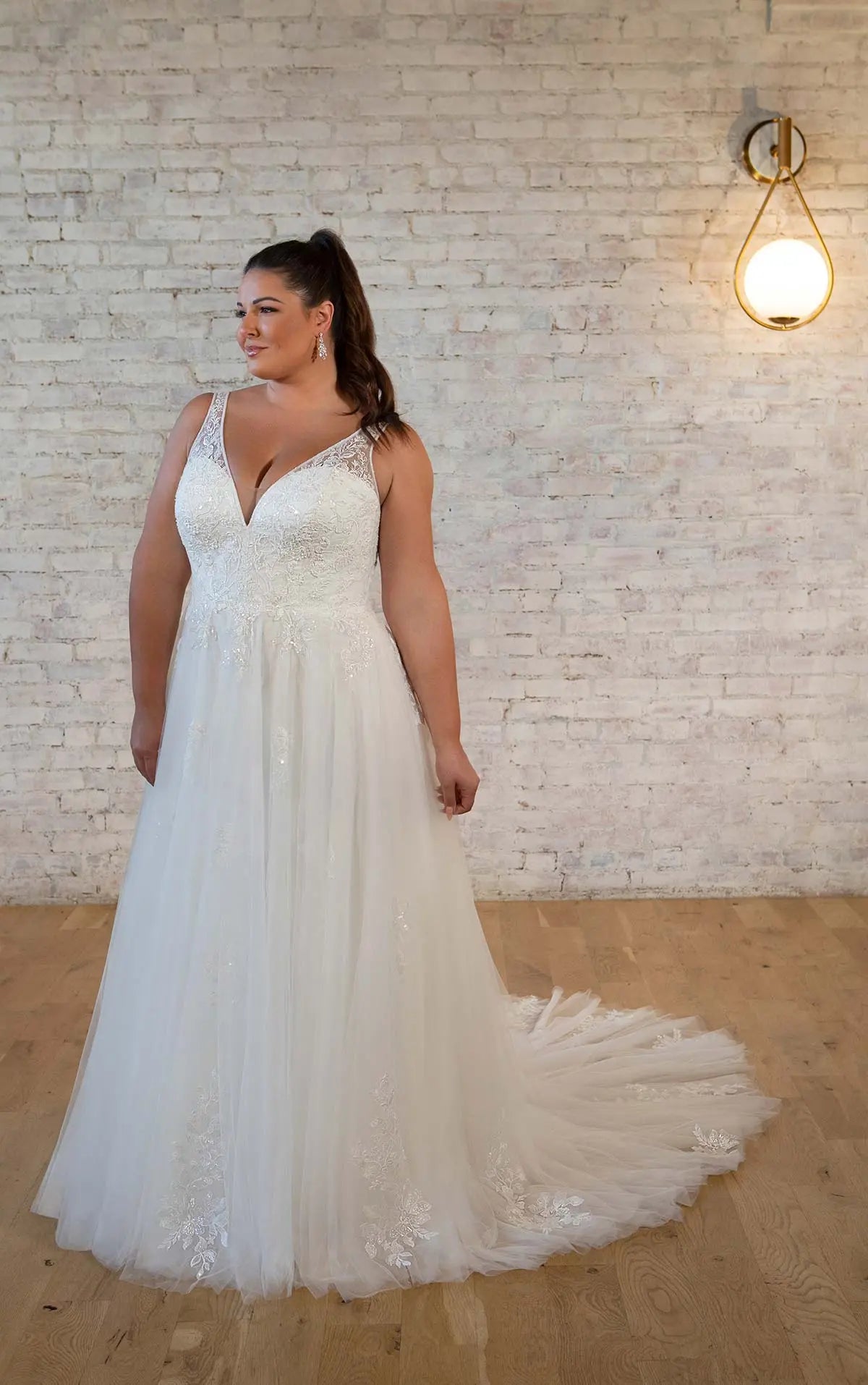 7616+ - Ethereal Lace Plus Size A-line Wedding Dress with Plunging Neckline