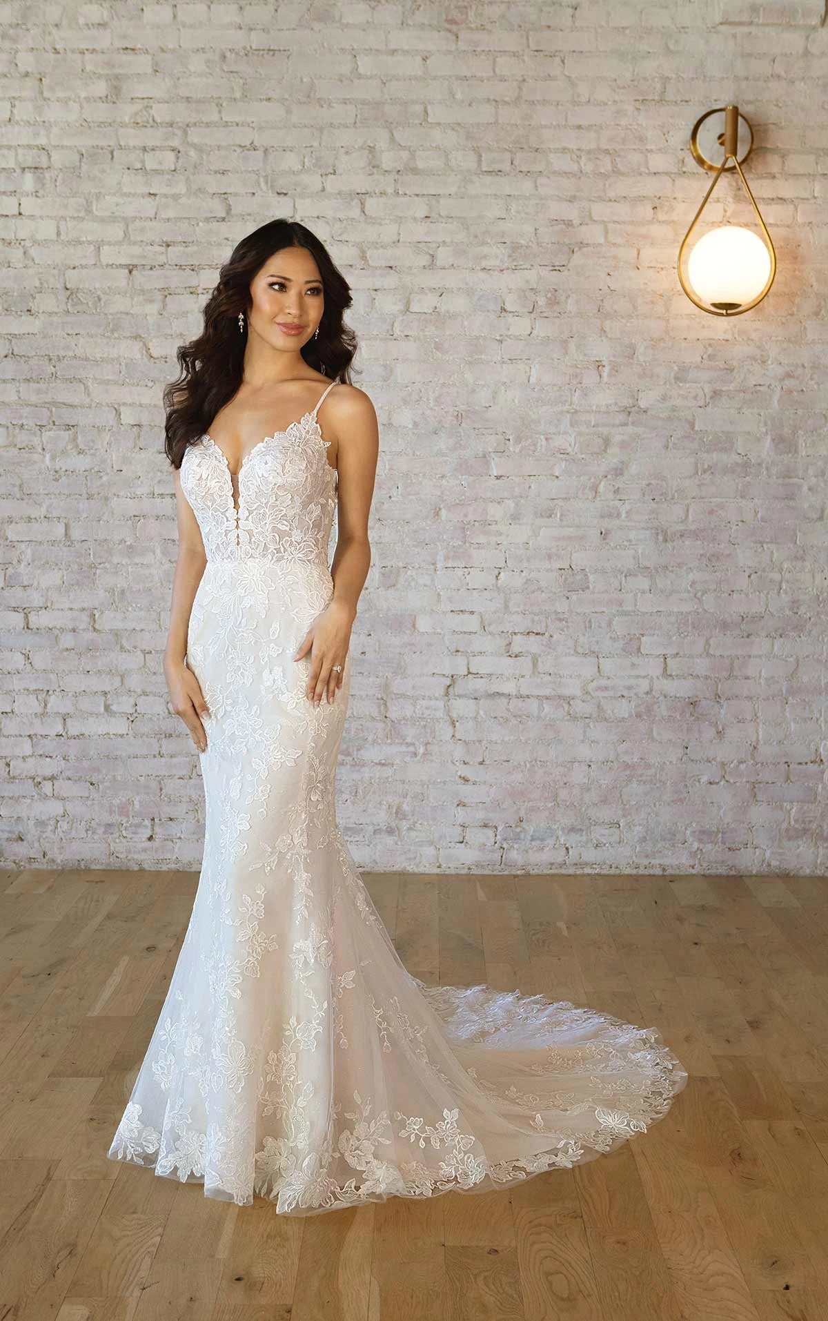 7469 - Glamorous Lace Column Wedding Dress with Spaghetti Straps