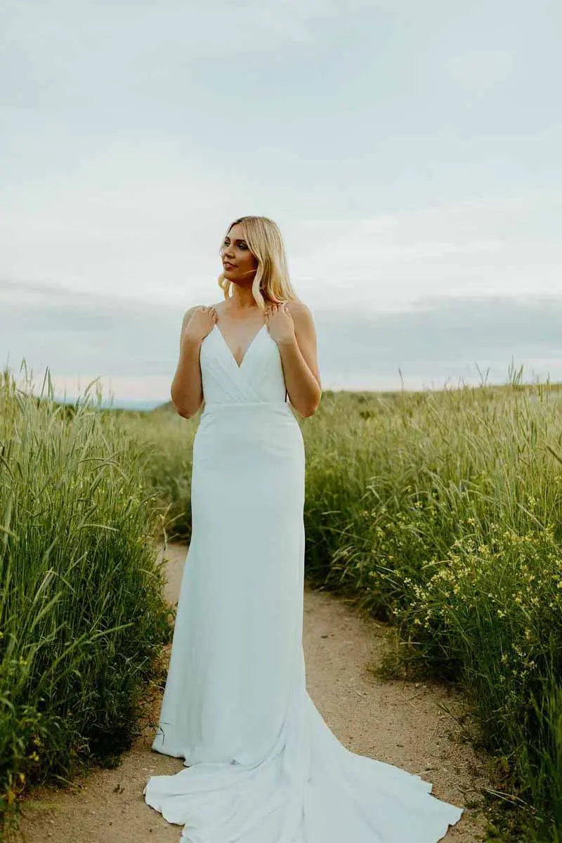 7669 - Modern Column Wedding Dress with Side Cutouts