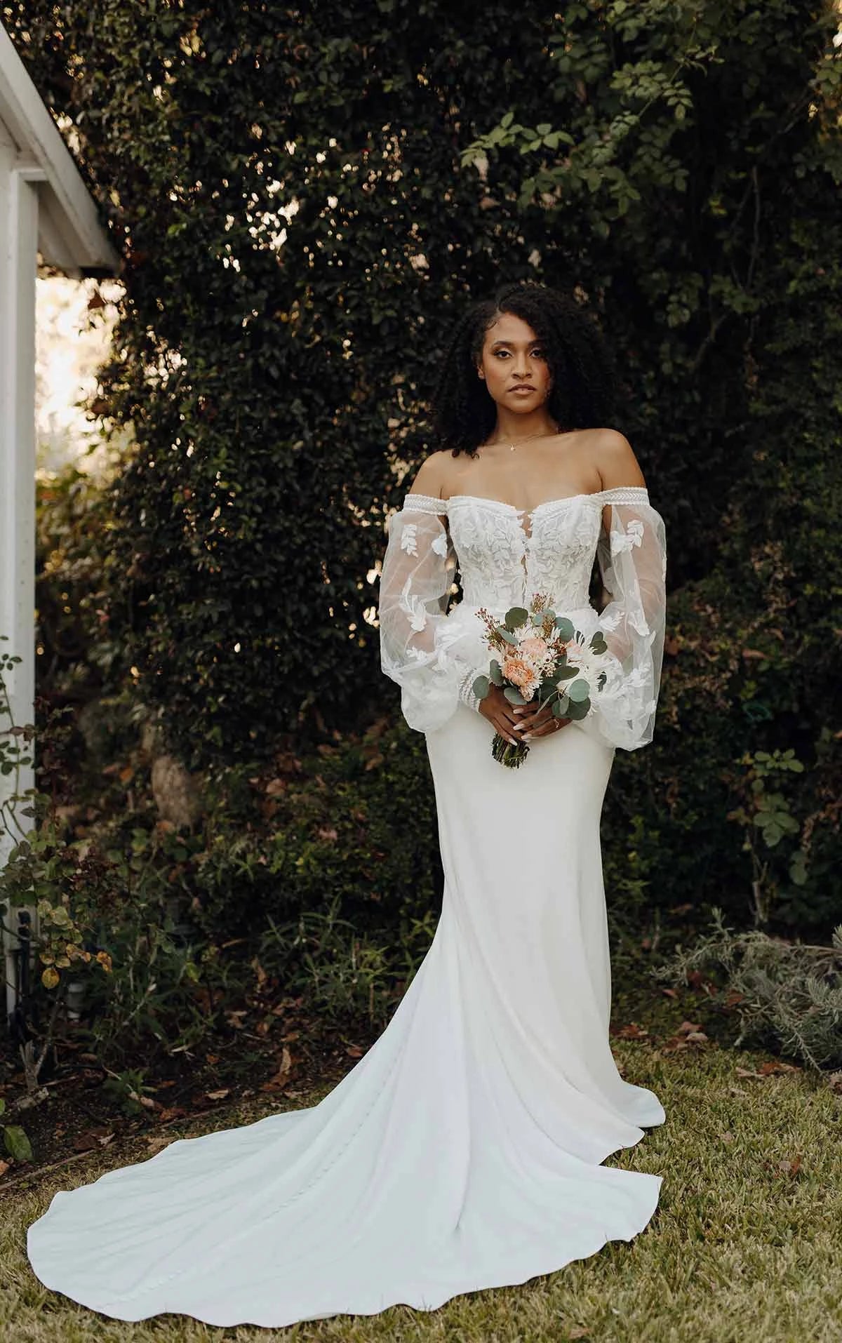 7675 - Modern Boho Long Sleeve Wedding Dress with Plunging Neckline