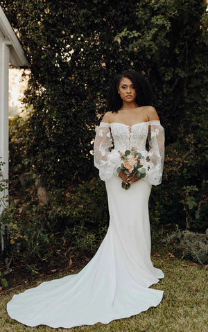7675 - Modern Boho Long Sleeve Wedding Dress with Plunging Neckline