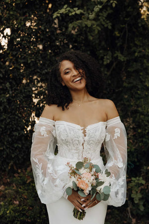 7675 - Modern Boho Long Sleeve Wedding Dress with Plunging Neckline