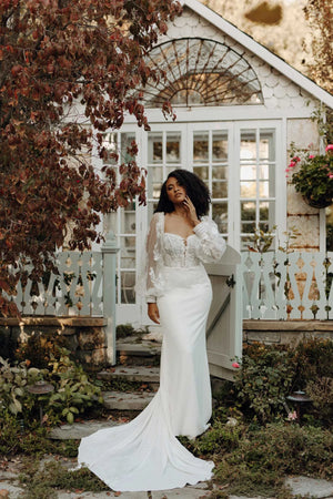 7675 - Modern Boho Long Sleeve Wedding Dress with Plunging Neckline