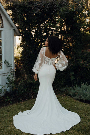 7675 - Modern Boho Long Sleeve Wedding Dress with Plunging Neckline