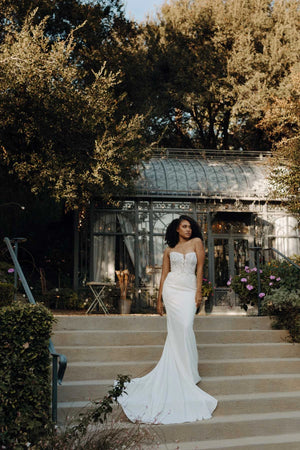 7675 - Modern Boho Long Sleeve Wedding Dress with Plunging Neckline