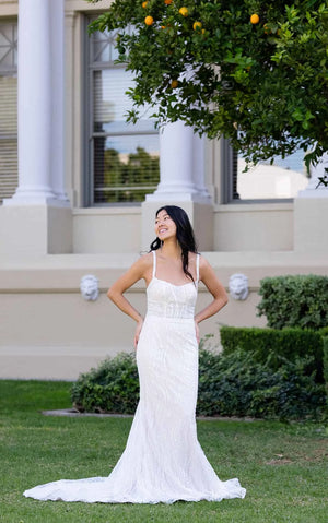 7686 - Sparkling Sequin Designer Sheath Wedding Dress with Spaghetti Straps