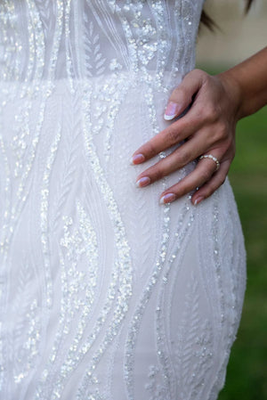 7686 - Sparkling Sequin Designer Sheath Wedding Dress with Spaghetti Straps