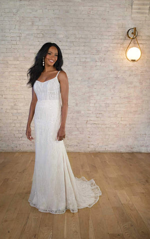7686 - Sparkling Sequin Designer Sheath Wedding Dress with Spaghetti Straps