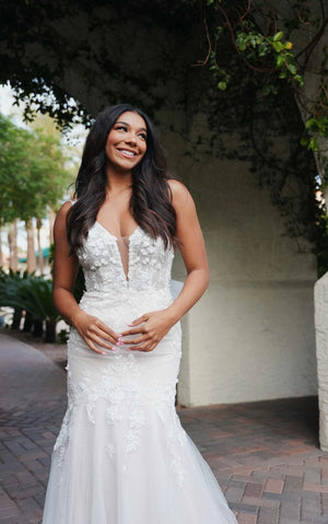 7696 - Flirty Lace Fit-and-Flare Wedding Dress with Deep Plunging Neckline