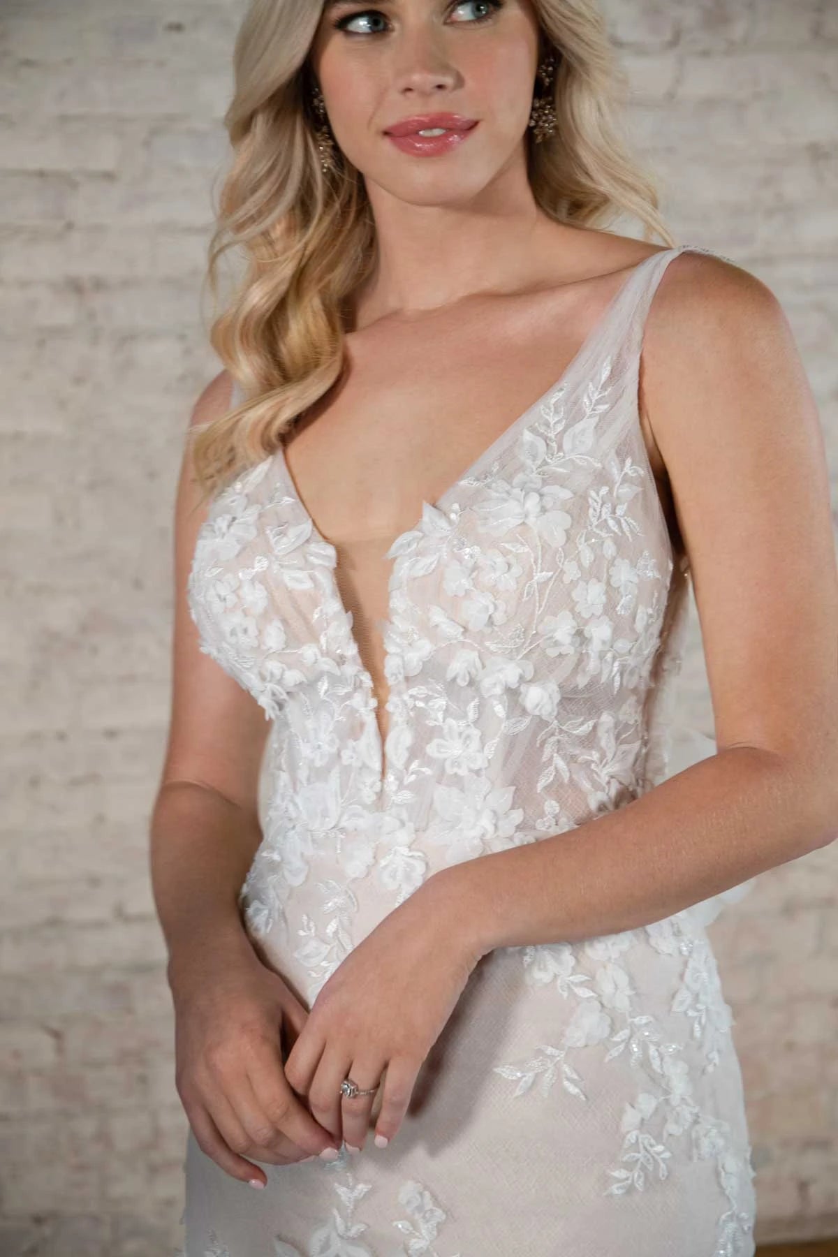 7696 - Flirty Lace Fit-and-Flare Wedding Dress with Deep Plunging Neckline