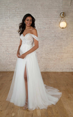 7740 -  Enchanting Off-the-Shoulder A-Line Wedding Dress in Lace and Tulle