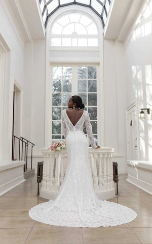 7742 - Modern Boho Designer Sheath Wedding Dress with Long Sleeves