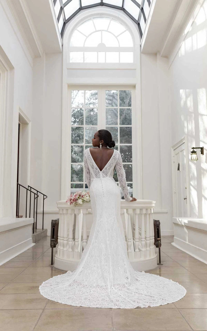7742 - Modern Boho Designer Sheath Wedding Dress with Long Sleeves