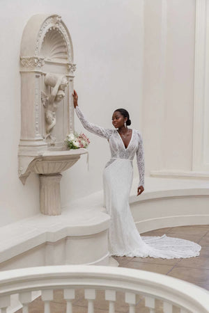 7742 - Modern Boho Designer Sheath Wedding Dress with Long Sleeves