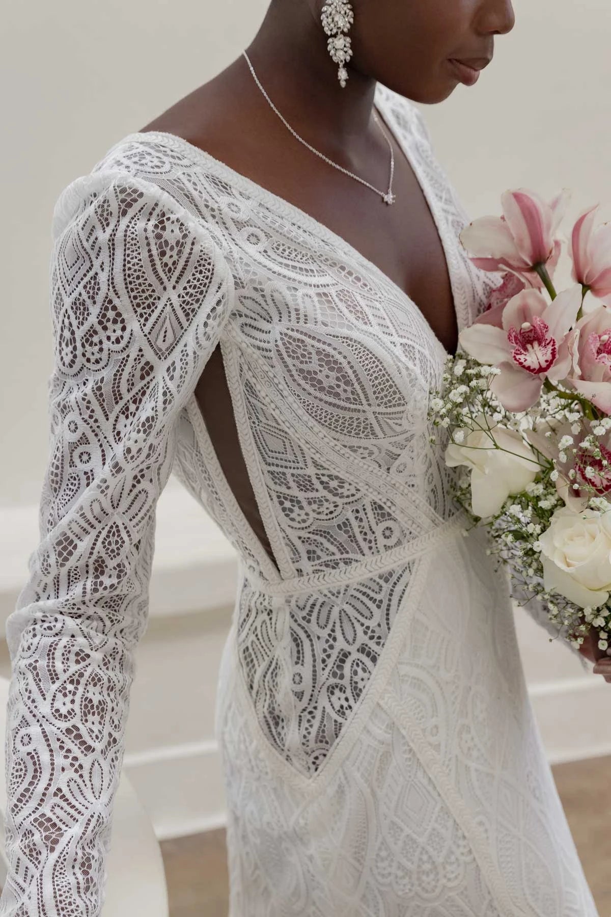 7742 - Modern Boho Designer Sheath Wedding Dress with Long Sleeves