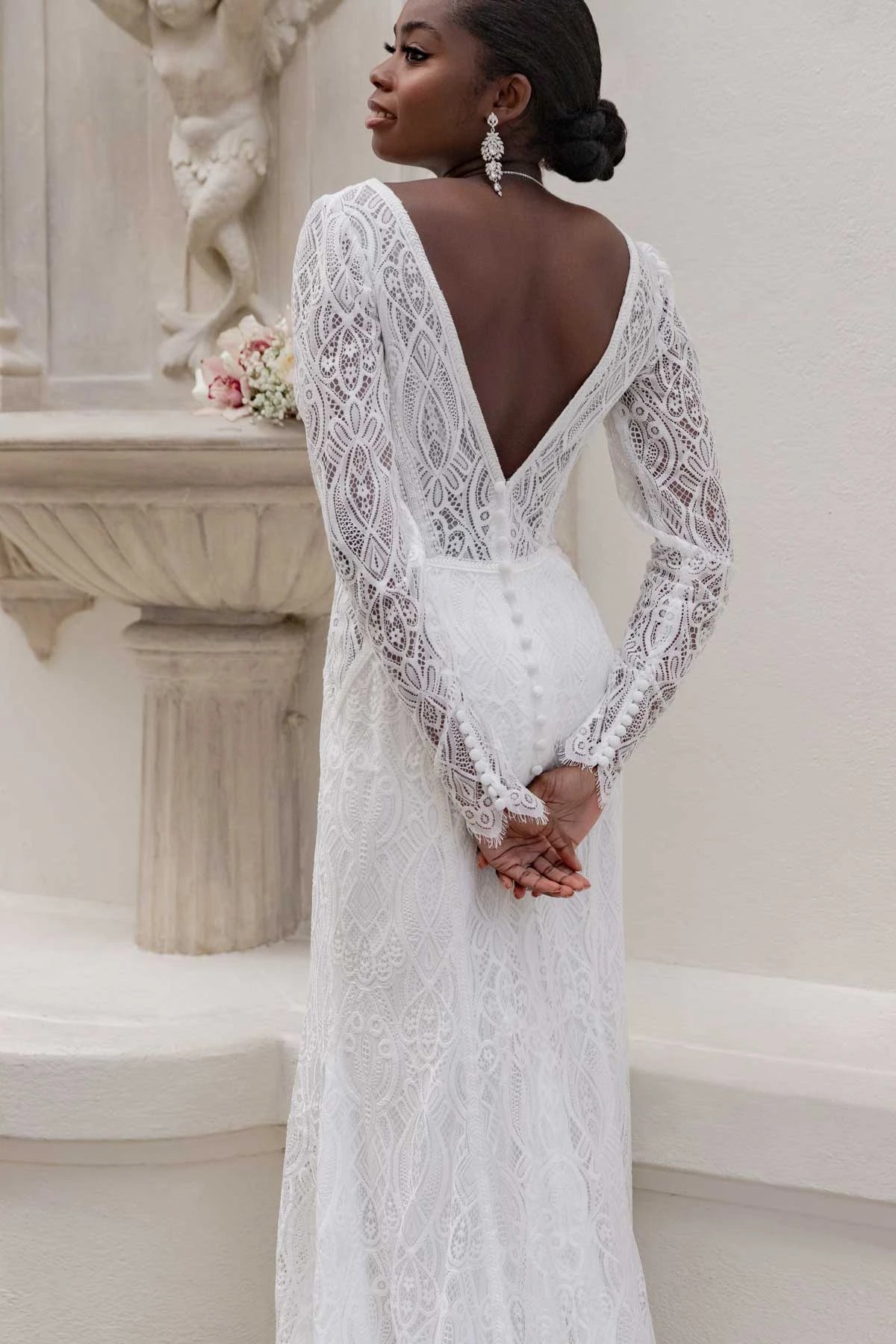 7742 - Modern Boho Designer Sheath Wedding Dress with Long Sleeves