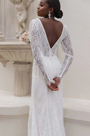 7742 - Modern Boho Designer Sheath Wedding Dress with Long Sleeves