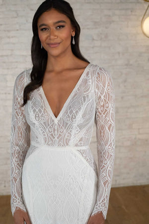 7742 - Modern Boho Designer Sheath Wedding Dress with Long Sleeves