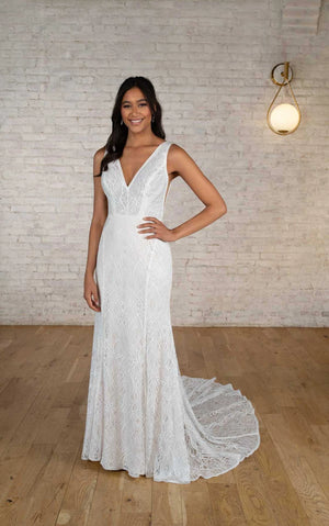 7742 - Modern Boho Designer Sheath Wedding Dress with Long Sleeves
