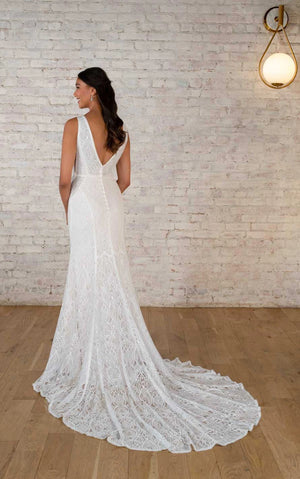 7742 - Modern Boho Designer Sheath Wedding Dress with Long Sleeves