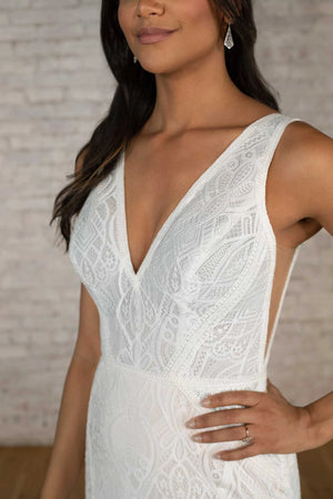 7742 - Modern Boho Designer Sheath Wedding Dress with Long Sleeves