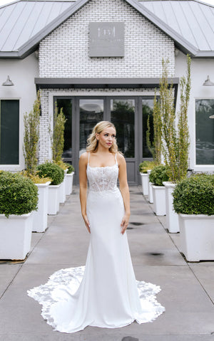 7868 - Sexy Sheer Spaghetti Strap Column Wedding Dress in Lace and Crepe