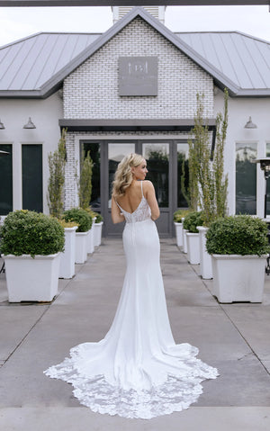 7868 - Sexy Sheer Spaghetti Strap Column Wedding Dress in Lace and Crepe