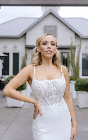 7868 - Sexy Sheer Spaghetti Strap Column Wedding Dress in Lace and Crepe