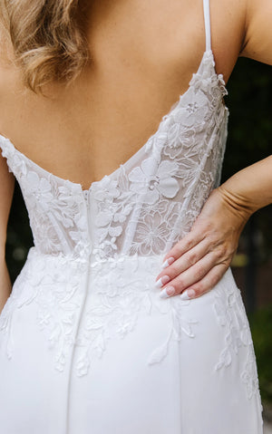 7868 - Sexy Sheer Spaghetti Strap Column Wedding Dress in Lace and Crepe