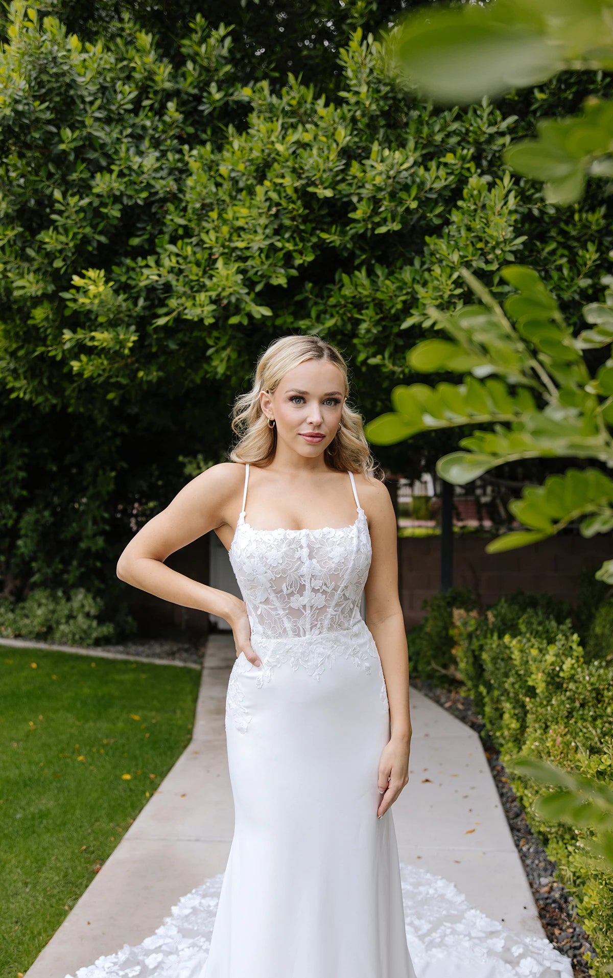 7868 - Sexy Sheer Spaghetti Strap Column Wedding Dress in Lace and Crepe