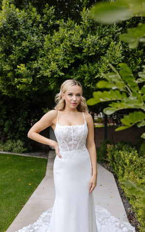 7868 - Sexy Sheer Spaghetti Strap Column Wedding Dress in Lace and Crepe