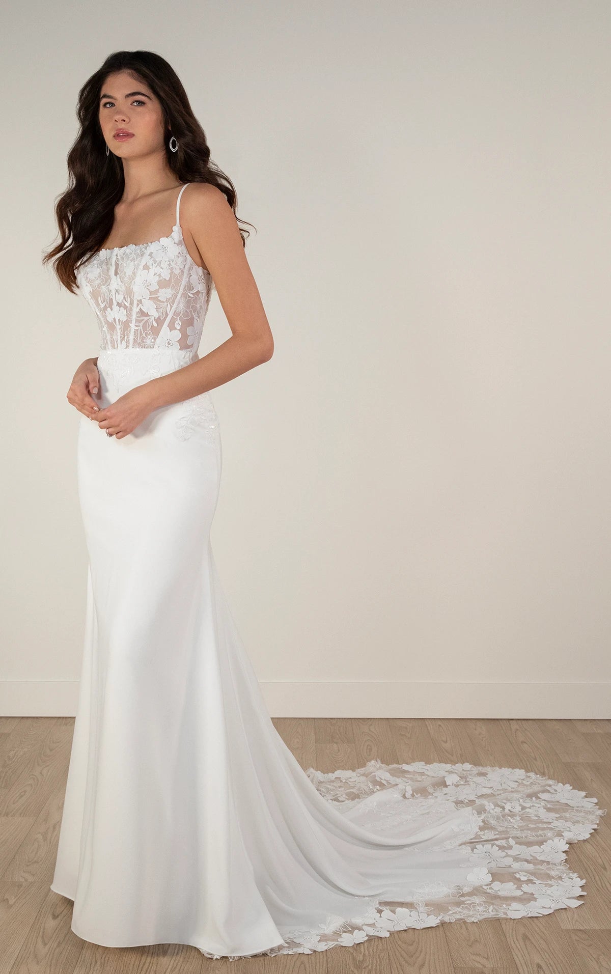 7868 - Sexy Sheer Spaghetti Strap Column Wedding Dress in Lace and Crepe