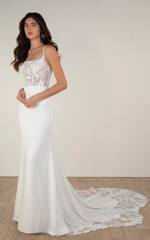 7868 - Sexy Sheer Spaghetti Strap Column Wedding Dress in Lace and Crepe