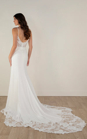 7868 - Sexy Sheer Spaghetti Strap Column Wedding Dress in Lace and Crepe
