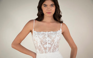 7868 - Sexy Sheer Spaghetti Strap Column Wedding Dress in Lace and Crepe