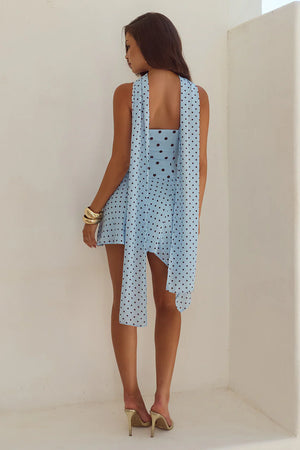 ALORA SCOOP NECK MINI DRESS -SKYE BLUE/CHOC POLKA
