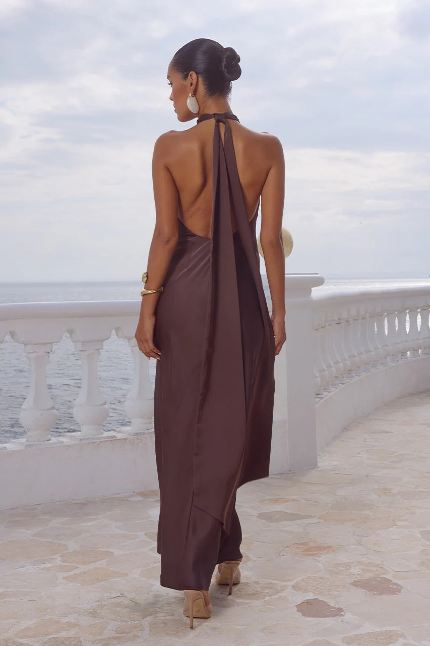 ARABELLE HIGH NECK MAXI DRESS BITTER CHOCOLATE