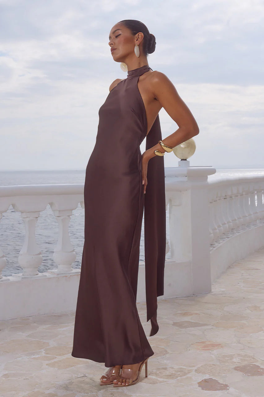 ARABELLE HIGH NECK MAXI DRESS BITTER CHOCOLATE