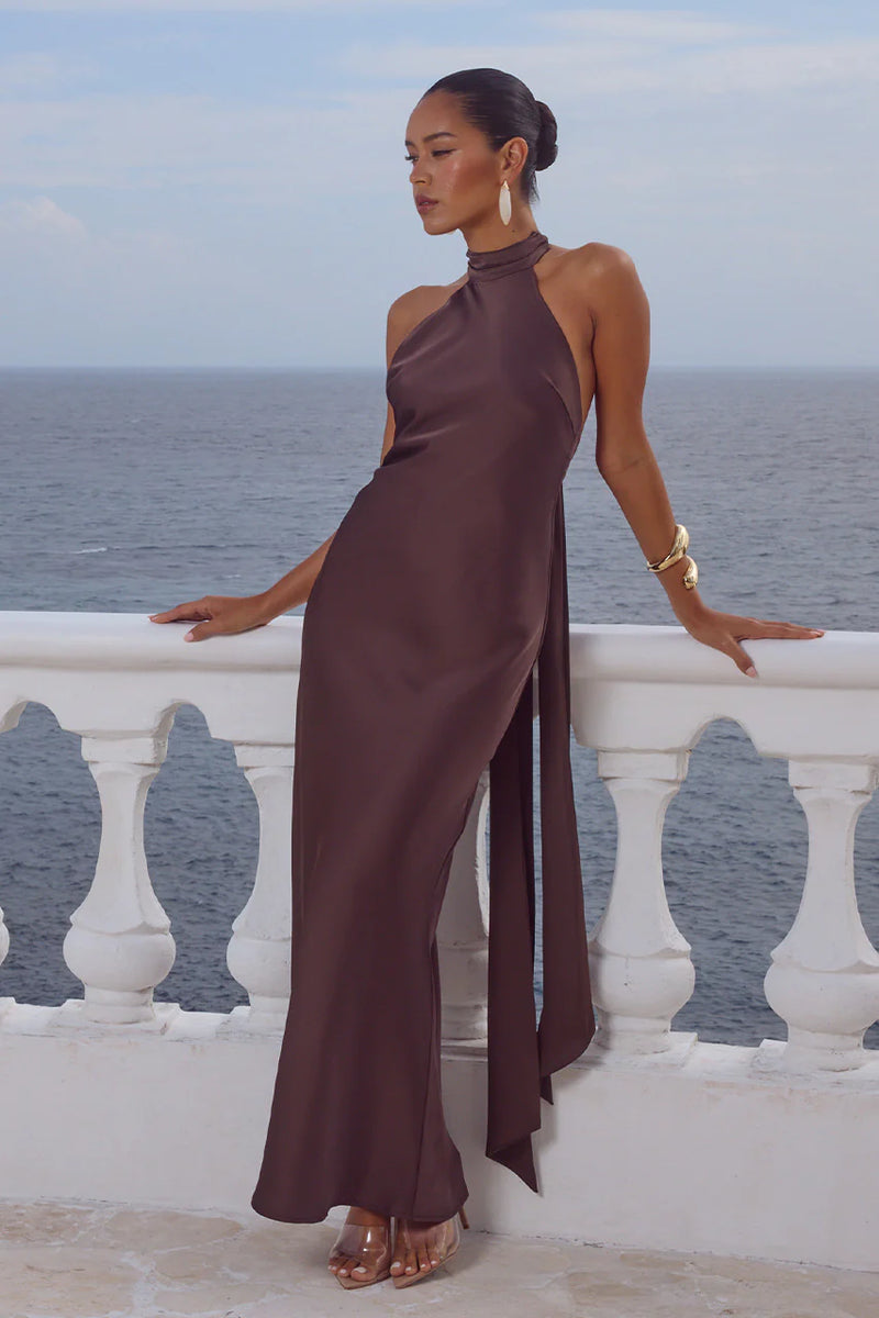 ARABELLE HIGH NECK MAXI DRESS BITTER CHOCOLATE