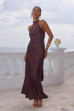 ARABELLE HIGH NECK MAXI DRESS BITTER CHOCOLATE