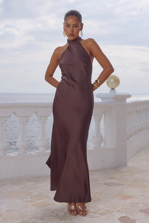 ARABELLE HIGH NECK MAXI DRESS BITTER CHOCOLATE
