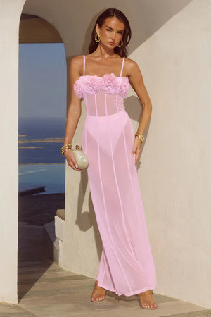 DEMI SHEER FLOWER TRIM MAXI DRESS