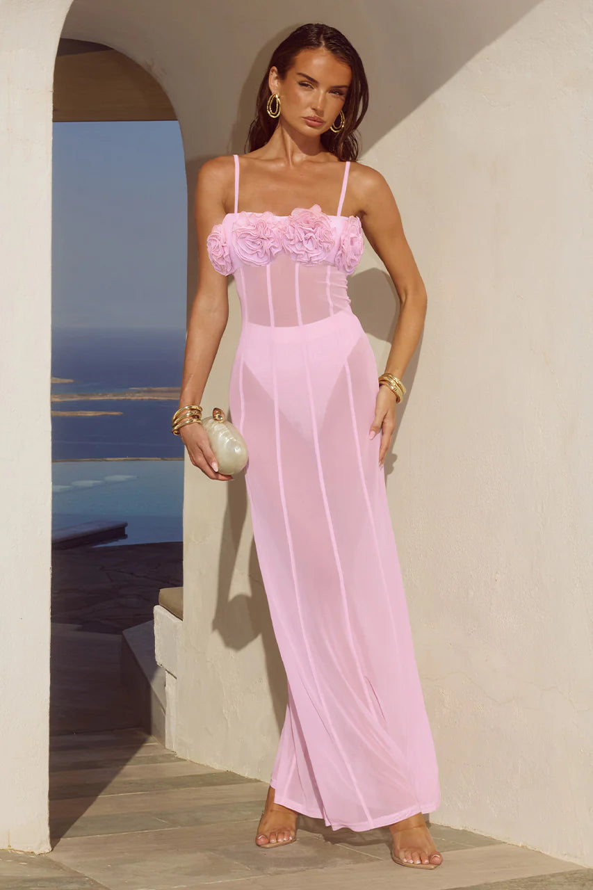 DEMI SHEER FLOWER TRIM MAXI DRESS