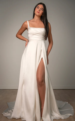 SY8110 - Minimalist Chic Modern A-Line Wedding Dress with Ruched Bodice and Scoop Back